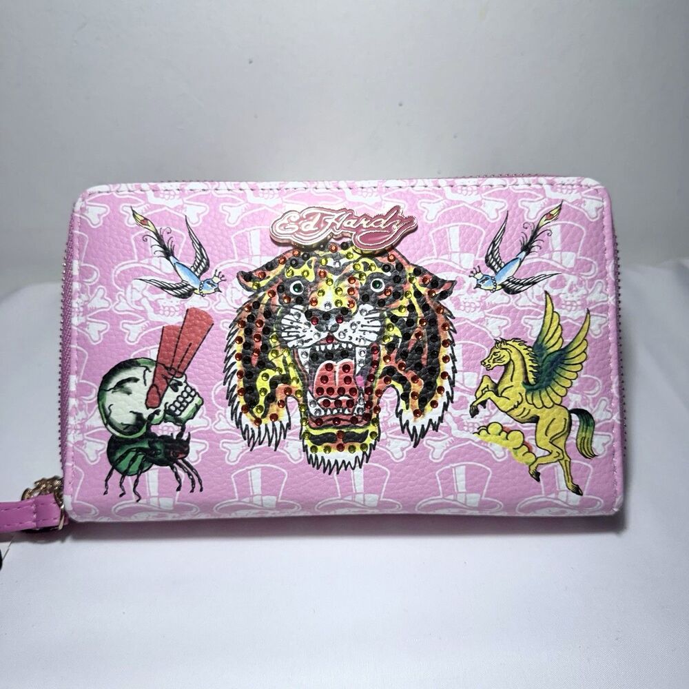 Ed Hardy Pink Wallet Wristlet Rhinestone Double Zip Around Tiger 8”x5”x2” NWT